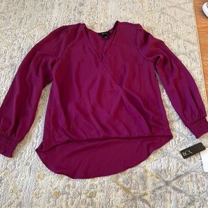 BCX Burgundy Blouse Long Sleeves Elastic Cuff Size M Semi-Sheer Overlap Neck